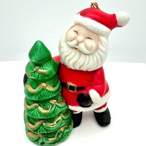 Vintage 1980s Ceramic Santa Claus Christmas Ornament With Green Tree